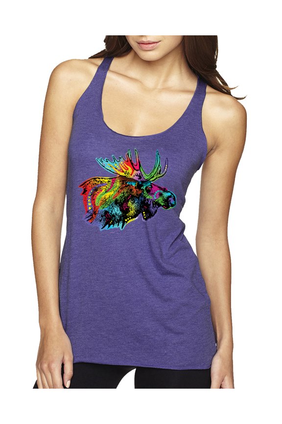 , Colorful Rainbow Moose Head Wildlife Animal Lover Tri-Blend Racerback Tank Top, Purple Rush, Medium