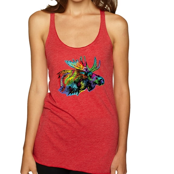 Wild Bobby, Colorful Rainbow Moose Head Wildlife Animal Lover Tri-Blend Racerback Tank Top, Vintage Red, Medium