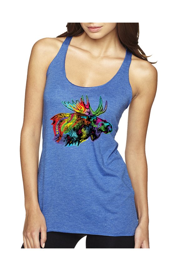 , Colorful Rainbow Moose Head Wildlife Animal Lover Tri-Blend Racerback Tank Top, Vintage Royal, Small
