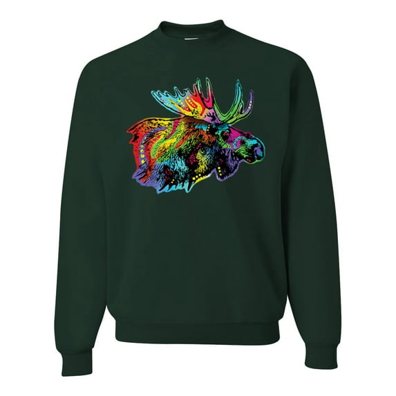 Wild Bobby, Colorful Rainbow Moose Head Wildlife Animal Lover Unisex Crewneck Graphic Sweatshirt, Forest Green, Small