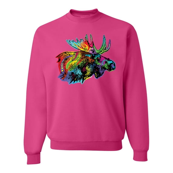 Wild Bobby, Colorful Rainbow Moose Head Wildlife Animal Lover Unisex Crewneck Graphic Sweatshirt, Fuschia, X-Large