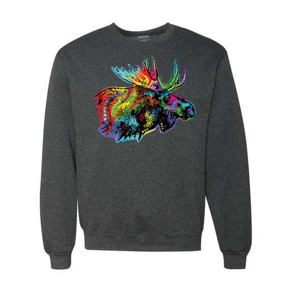 Wild Bobby, Colorful Rainbow Moose Head Wildlife Animal Lover Unisex Crewneck Graphic Sweatshirt, Heather Black, Medium