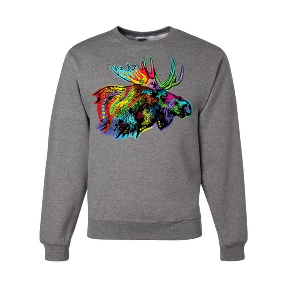 Wild Bobby, Colorful Rainbow Moose Head Wildlife Animal Lover Unisex Crewneck Graphic Sweatshirt, Heather Grey, Medium