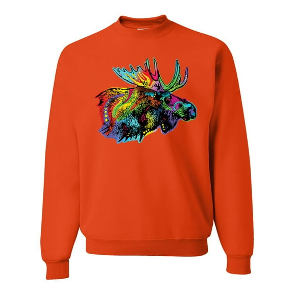 Wild Bobby, Colorful Rainbow Moose Head Wildlife Animal Lover Unisex Crewneck Graphic Sweatshirt, Orange, X-Large