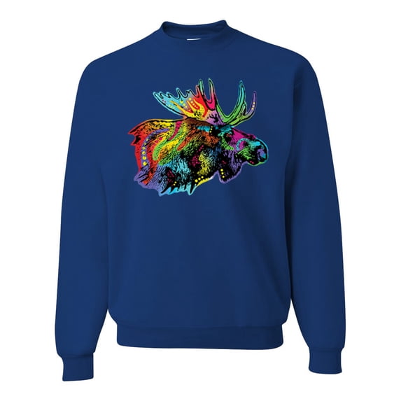 Wild Bobby, Colorful Rainbow Moose Head Wildlife Animal Lover Unisex Crewneck Graphic Sweatshirt, Royal, X-Large