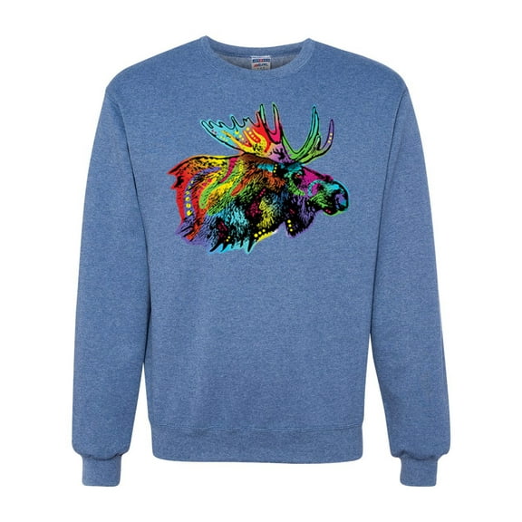 Wild Bobby, Colorful Rainbow Moose Head Wildlife Animal Lover Unisex Crewneck Graphic Sweatshirt, Vintage Heather Blue, 3XL
