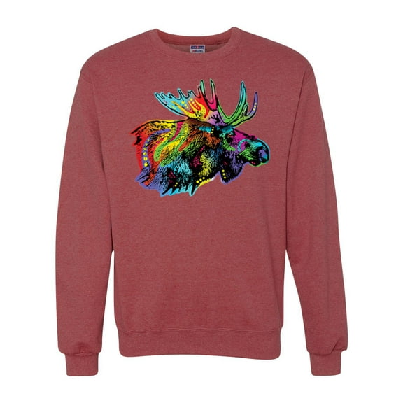 Wild Bobby, Colorful Rainbow Moose Head Wildlife Animal Lover Unisex Crewneck Graphic Sweatshirt, Vintage Heather Red, 2XL