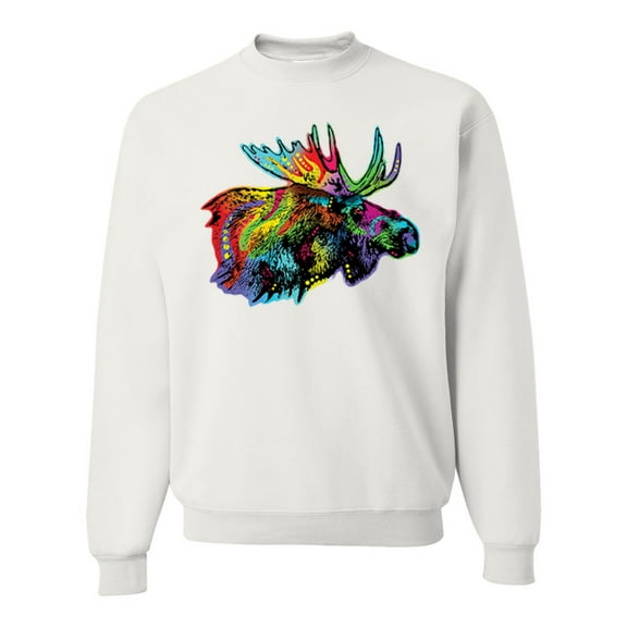 Wild Bobby, Colorful Rainbow Moose Head Wildlife Animal Lover Unisex Crewneck Graphic Sweatshirt, White, 2XL