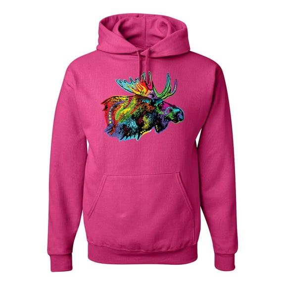 Wild Bobby, Colorful Rainbow Moose Head Wildlife Animal Lover Unisex Graphic Hoodie Sweatshirt, Fuschia, Medium