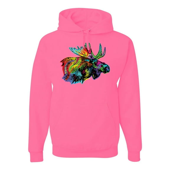 Wild Bobby, Colorful Rainbow Moose Head Wildlife Animal Lover Unisex Graphic Hoodie Sweatshirt, Neon Pink, 3XL