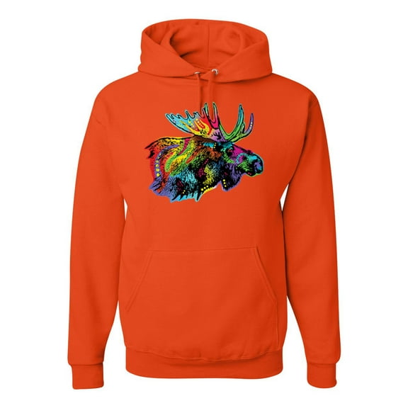 Wild Bobby, Colorful Rainbow Moose Head Wildlife Animal Lover Unisex Graphic Hoodie Sweatshirt, Orange, Large