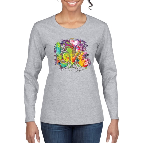 Wild Bobby, Colorful Rainbow Paint Love Streetwear Womens Graphic Long Sleeve T-Shirt, Heather Grey, Large