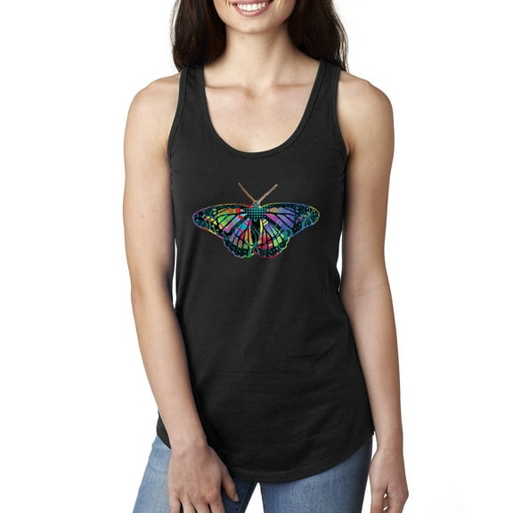 Wild Bobby, Colorful Rainbow Patterned Butterfly Animal Lover Ladies Racerback Tank Top, Black, Small