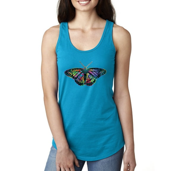 Wild Bobby, Colorful Rainbow Patterned Butterfly Animal Lover Ladies Racerback Tank Top, Turquoise, Large