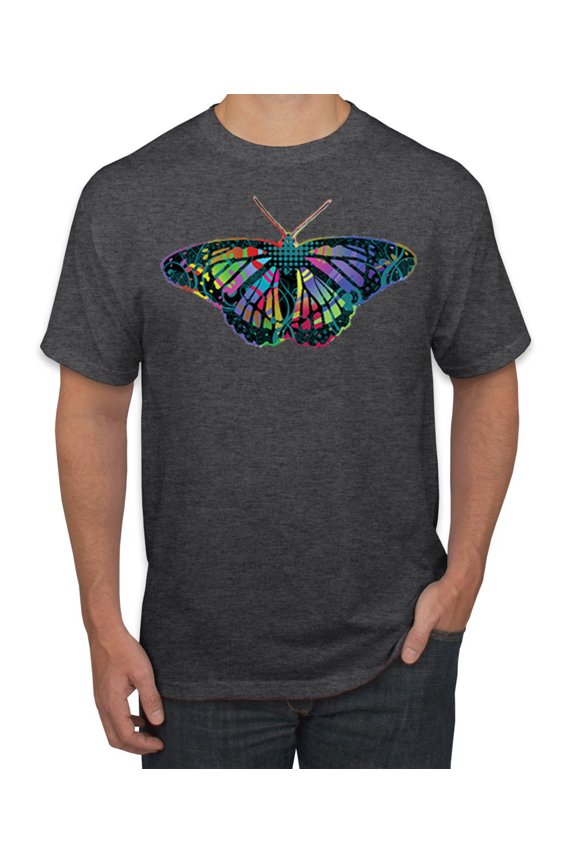 , Colorful Rainbow Patterned Butterfly Animal Lover Men's Graphic T-Shirt, Heather Black, Small