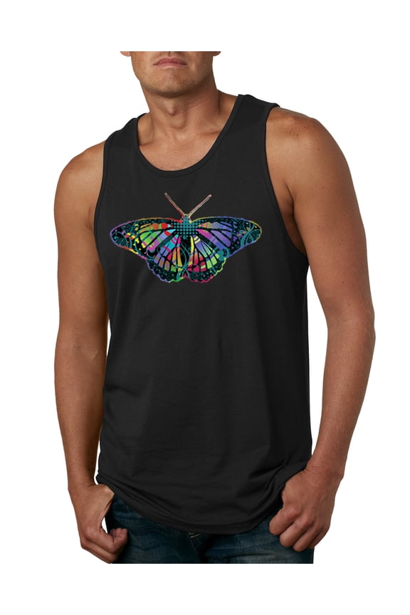 , Colorful Rainbow Patterned Butterfly Animal Lover Mens Graphic Tank Top, Black, 2XL