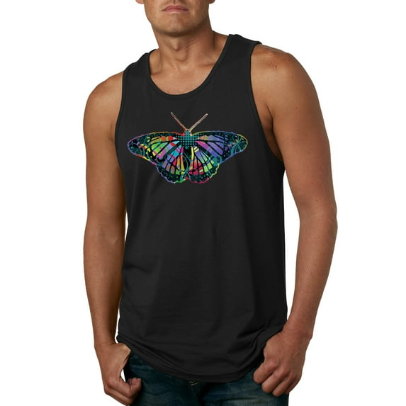 Wild Bobby, Colorful Rainbow Patterned Butterfly Animal Lover Mens Graphic Tank Top, Black, Small
