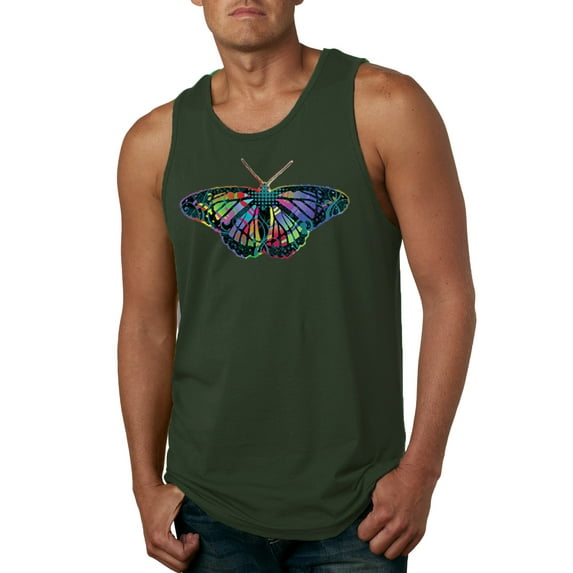 Wild Bobby, Colorful Rainbow Patterned Butterfly Animal Lover Mens Graphic Tank Top, Forest Green, Large