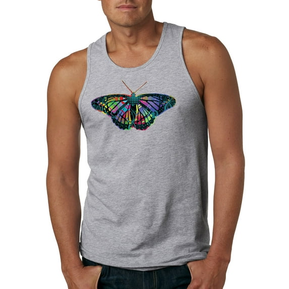 Wild Bobby, Colorful Rainbow Patterned Butterfly Animal Lover Mens Graphic Tank Top, Heather Grey, 2XL
