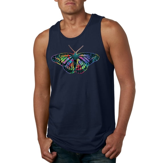Wild Bobby, Colorful Rainbow Patterned Butterfly Animal Lover Mens Graphic Tank Top, Navy, Medium