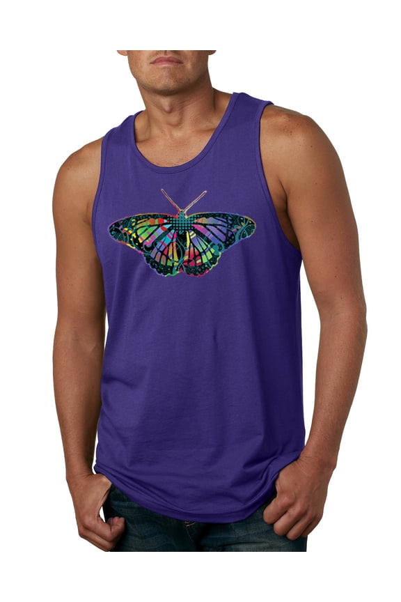 , Colorful Rainbow Patterned Butterfly Animal Lover Mens Graphic Tank Top, Purple, Medium