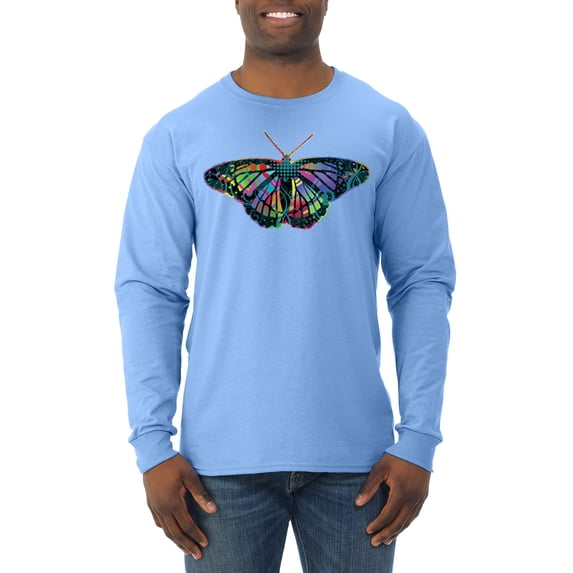 Wild Bobby, Colorful Rainbow Patterned Butterfly Animal Lover Mens Long Sleeve Shirt, Light Blue, Medium