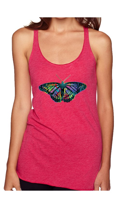 , Colorful Rainbow Patterned Butterfly Animal Lover Tri-Blend Racerback Tank Top, Shocking Pink, Medium