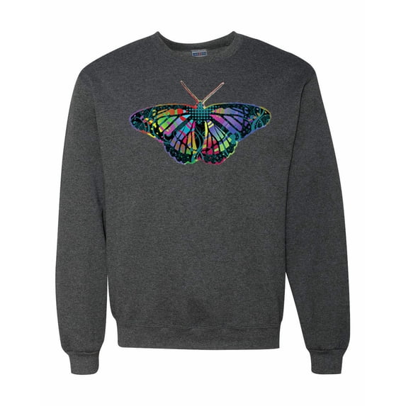 Wild Bobby, Colorful Rainbow Patterned Butterfly Animal Lover Unisex Crewneck Graphic Sweatshirt, Heather Black, 3XL