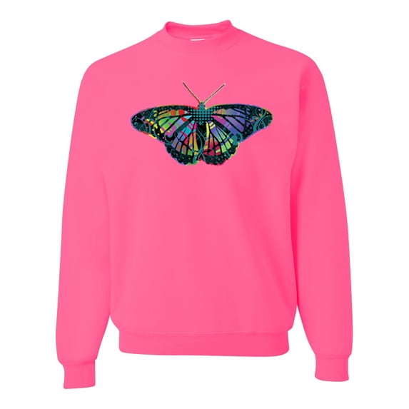 Wild Bobby, Colorful Rainbow Patterned Butterfly Animal Lover Unisex Crewneck Graphic Sweatshirt, Neon Pink, 3XL
