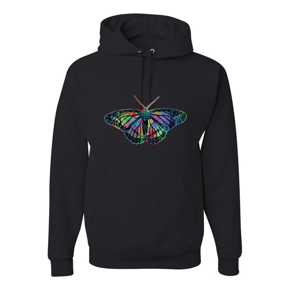 Wild Bobby, Colorful Rainbow Patterned Butterfly Animal Lover Unisex Graphic Hoodie Sweatshirt, Black, 3XL