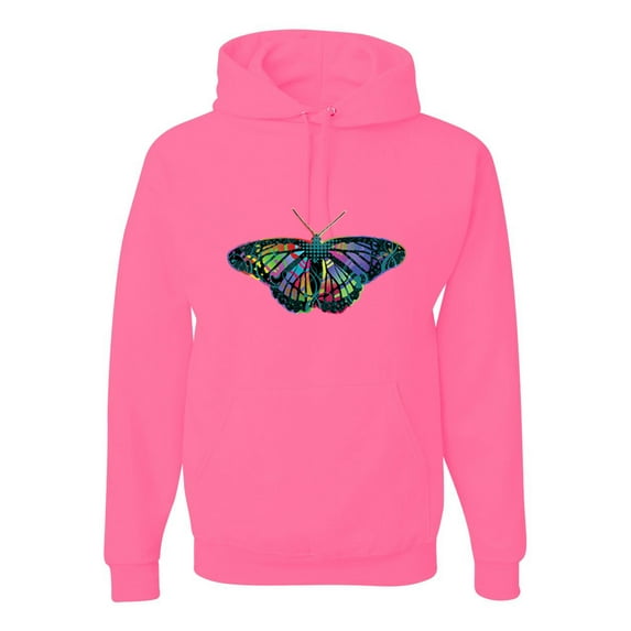 Wild Bobby, Colorful Rainbow Patterned Butterfly Animal Lover Unisex Graphic Hoodie Sweatshirt, Neon Pink, 2XL