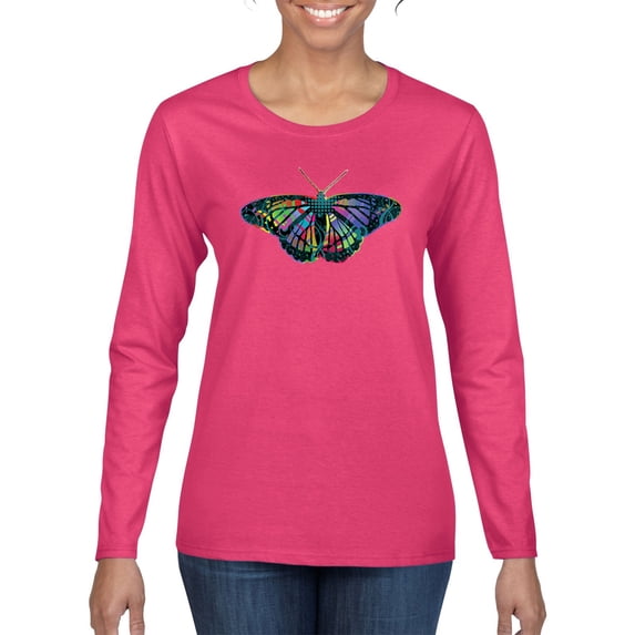 Wild Bobby, Colorful Rainbow Patterned Butterfly Animal Lover Womens Graphic Long Sleeve T-Shirt, Fuschia, Large