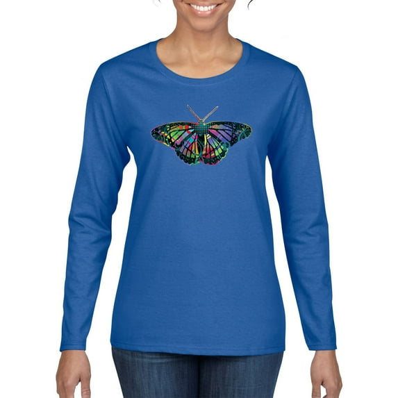 Wild Bobby, Colorful Rainbow Patterned Butterfly Animal Lover Womens Graphic Long Sleeve T-Shirt, Royal, Medium