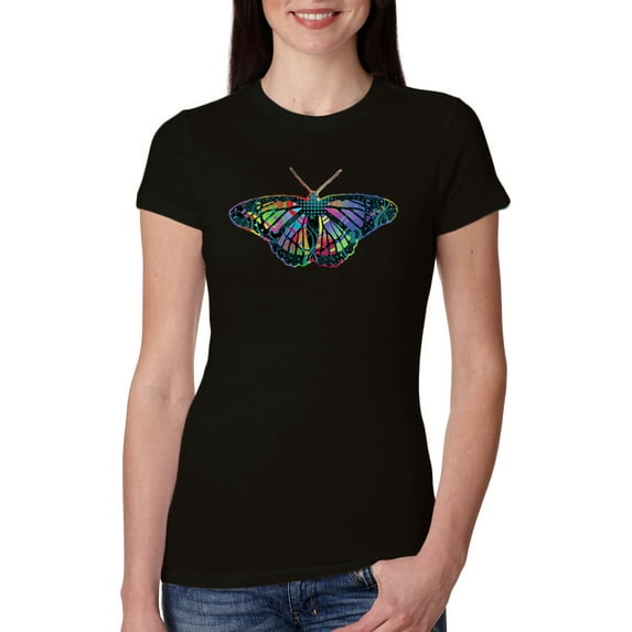 Colorful Rainbow Patterned Butterfly Animal Lover Womens Slim Fit Junior Tee, Black, Large