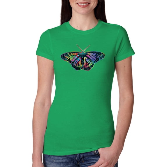 Colorful Rainbow Patterned Butterfly Animal Lover Womens Slim Fit Junior Tee, Kelly, X-Large