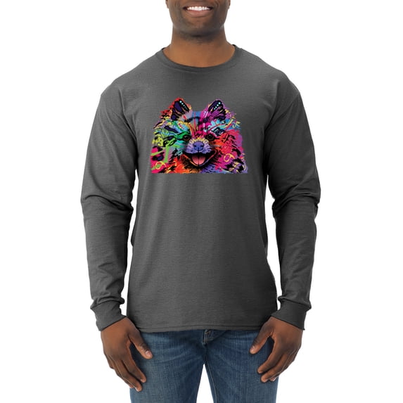 Wild Bobby, Colorful Rainbow Pomeranian Dog Animal Lover Mens Long Sleeve Shirt, Heather Black, Large