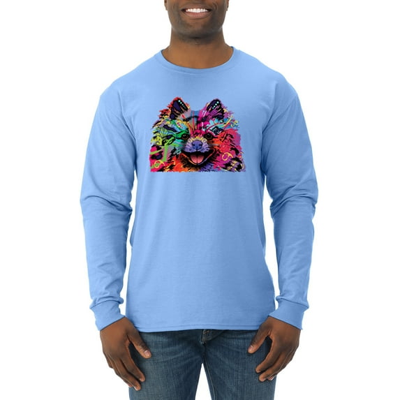 Wild Bobby, Colorful Rainbow Pomeranian Dog Animal Lover Mens Long Sleeve Shirt, Light Blue, 2XL