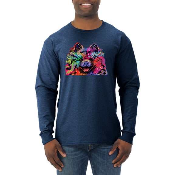 Wild Bobby, Colorful Rainbow Pomeranian Dog Animal Lover Mens Long Sleeve Shirt, Vintage Heather Navy, Large