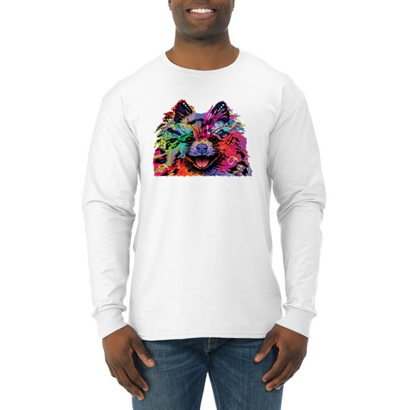 Wild Bobby, Colorful Rainbow Pomeranian Dog Animal Lover Mens Long Sleeve Shirt, White, Large