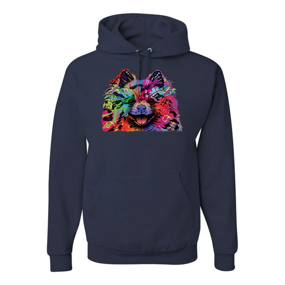 Wild Bobby, Colorful Rainbow Pomeranian Dog Animal Lover Unisex Graphic Hoodie Sweatshirt, Navy, X-Large