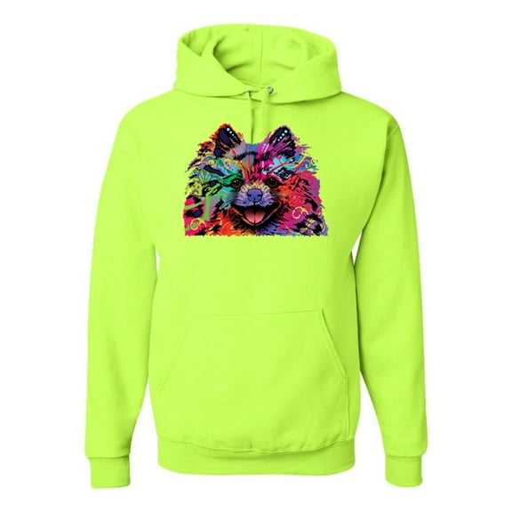 Wild Bobby, Colorful Rainbow Pomeranian Dog Animal Lover Unisex Graphic Hoodie Sweatshirt, Safety Green, Medium