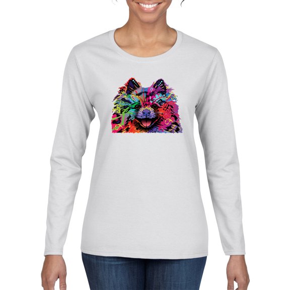 Wild Bobby, Colorful Rainbow Pomeranian Dog Animal Lover Womens Graphic Long Sleeve T-Shirt, White, Small