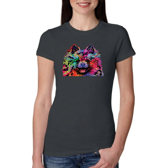 Wild Bobby, Colorful Rainbow Pomeranian Dog Animal Lover Womens Slim Fit Junior Tee, Dark Grey, X-Large