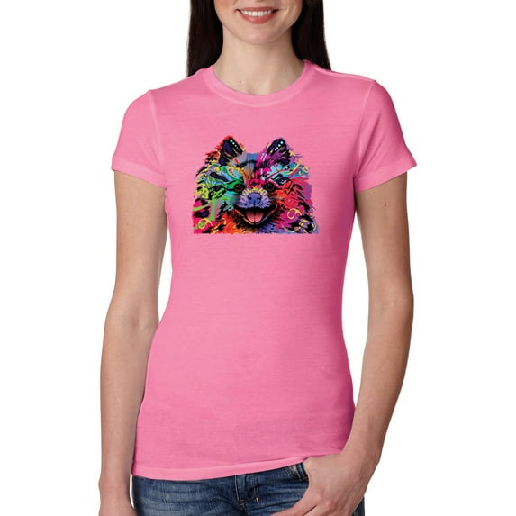 Wild Bobby, Colorful Rainbow Pomeranian Dog Animal Lover Womens Slim Fit Junior Tee, Hot Pink, 2XL