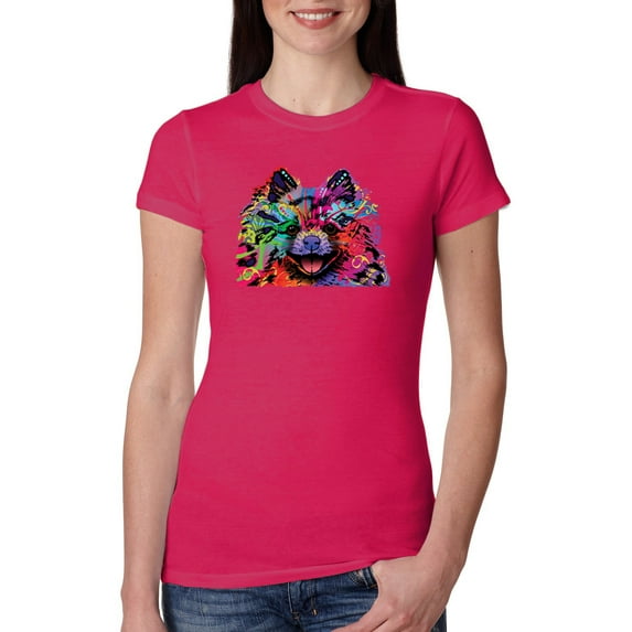 Colorful Rainbow Pomeranian Dog Animal Lover Womens Slim Fit Junior Tee, Raspberry, Small