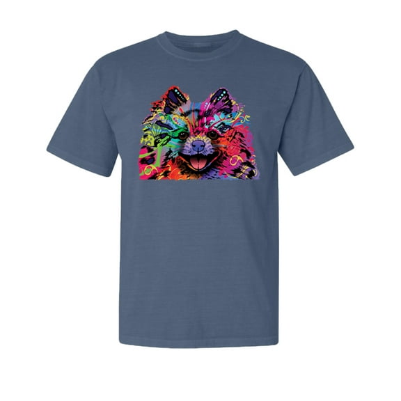 Wild Bobby,Colorful Rainbow Pomeranian Dog Dog Lover Garment-Dyed Washed Look Short Sleeve Tees, Navy, 2XL