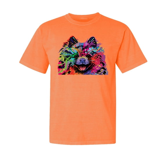 Wild Bobby,Colorful Rainbow Pomeranian Dog Dog Lover Garment-Dyed Washed Look Short Sleeve Tees, Neon Orange, Large
