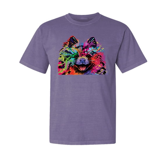 Wild Bobby,Colorful Rainbow Pomeranian Dog Dog Lover Garment-Dyed Washed Look Short Sleeve Tees, Purple, Small
