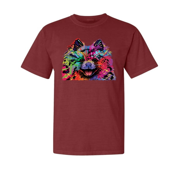 Wild Bobby,Colorful Rainbow Pomeranian Dog Dog Lover Garment-Dyed Washed Look Short Sleeve Tees, Tomato, 2XL
