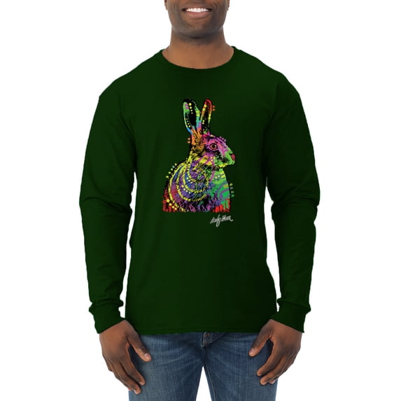 Wild Bobby, Colorful Rainbow Rabbit Animal Lover Mens Long Sleeve Shirt, Forest Green, Small